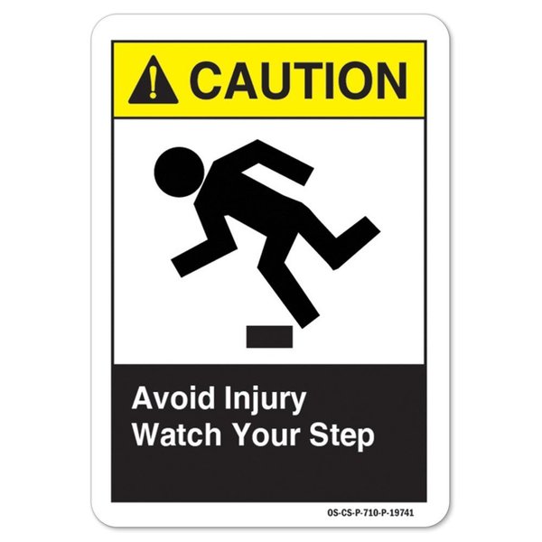 Signmission ANSI Caution Sign, Avoid Injury Watch Your Step, 14in X 10in Decal, 10" W, 14" L, Landscape OS-CS-D-1014-L-19741